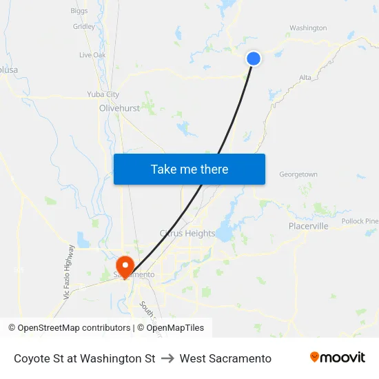 Coyote St at Washington St to West Sacramento map