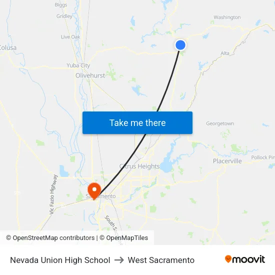 Nevada Union High School to West Sacramento map