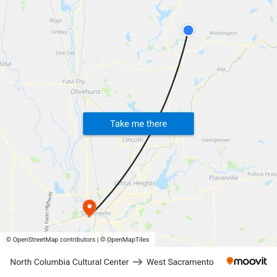 North Columbia Cultural Center to West Sacramento map