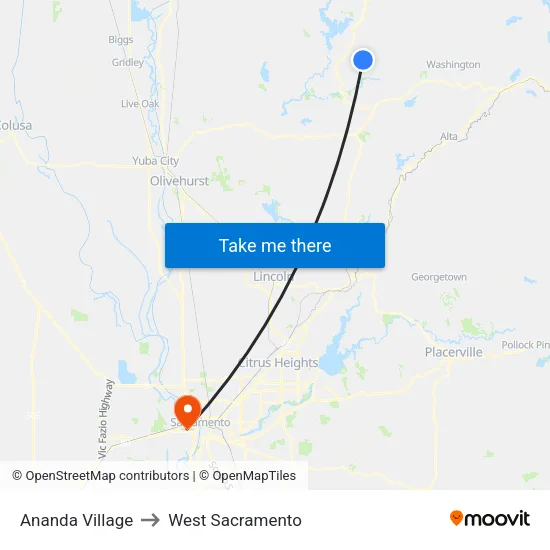Ananda Village to West Sacramento map