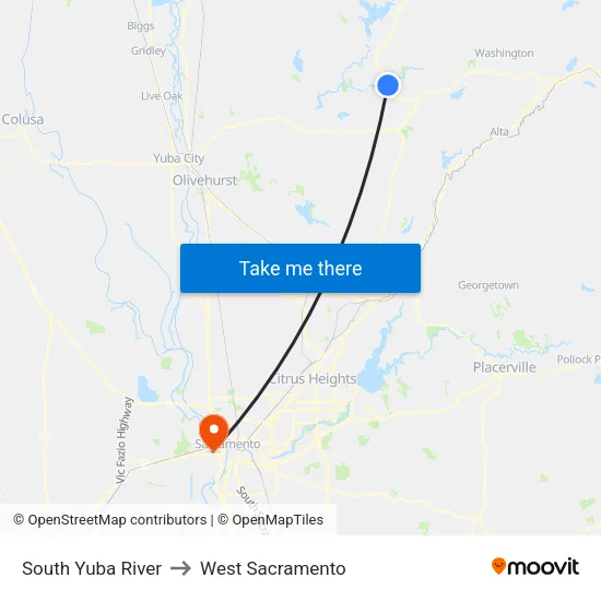 South Yuba River to West Sacramento map