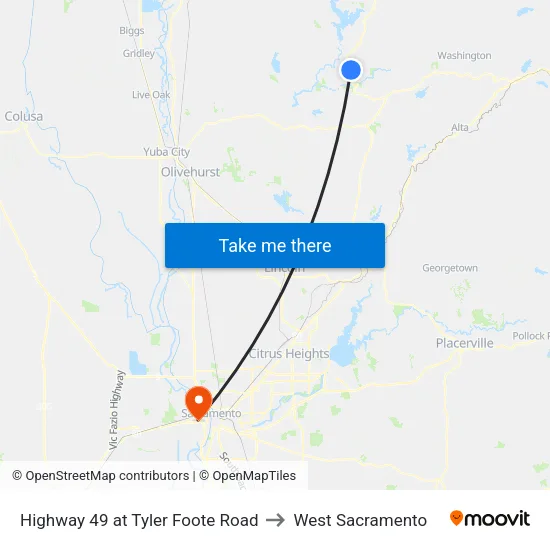 Highway 49 at Tyler Foote Road to West Sacramento map