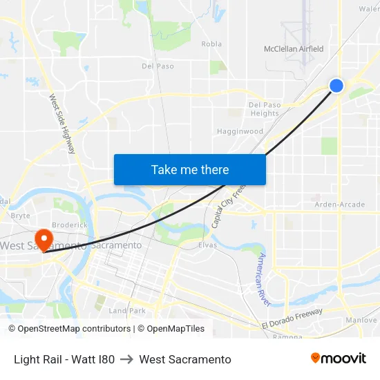 Light Rail - Watt I80 to West Sacramento map