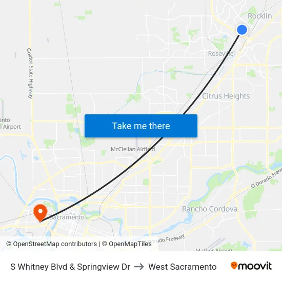 S Whitney Blvd & Springview Dr to West Sacramento map