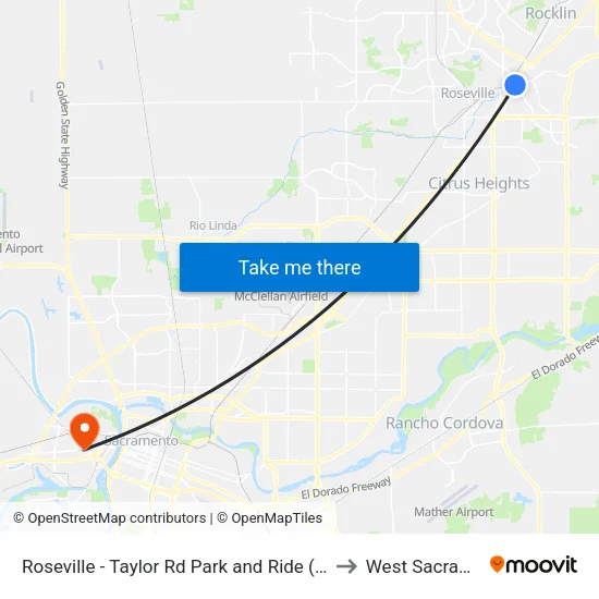 Roseville - Taylor Rd Park and Ride (Sunsplash) to West Sacramento map