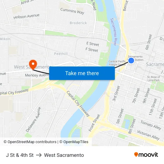 J St & 4th St to West Sacramento map