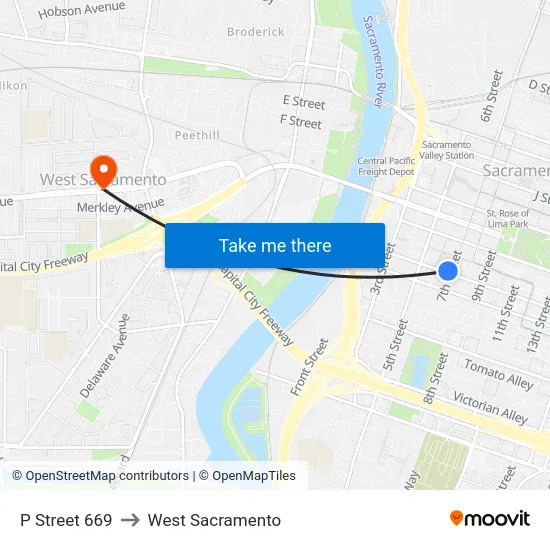 P Street 669 to West Sacramento map