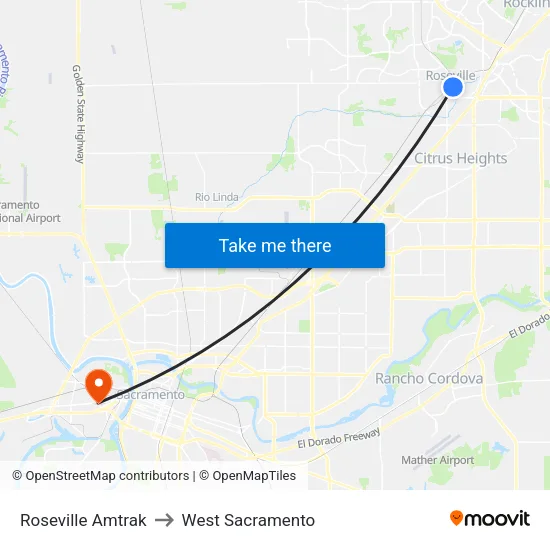 Roseville Amtrak to West Sacramento map