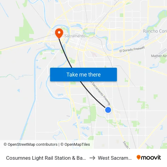 Cosumnes Light Rail Station & Bay (NB) to West Sacramento map