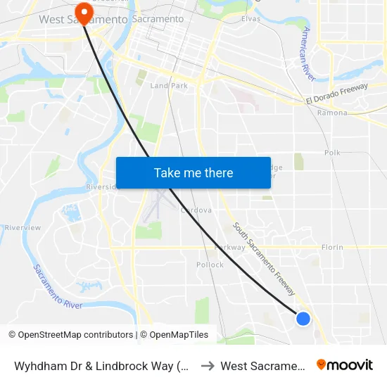 Wyhdham Dr & Lindbrock Way (WB) to West Sacramento map