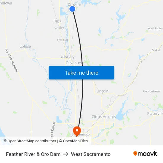 Feather River & Oro Dam to West Sacramento map