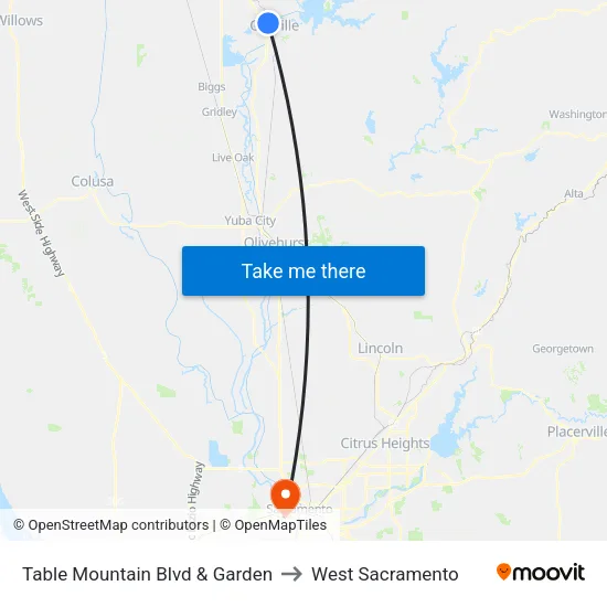 Table Mountain Blvd & Garden to West Sacramento map