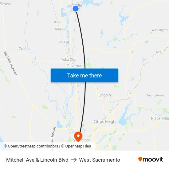 Mitchell Ave & Lincoln Blvd to West Sacramento map