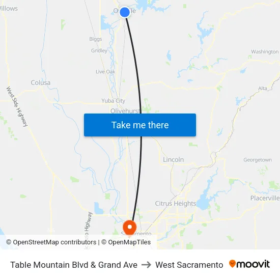 Table Mountain Blvd & Grand Ave to West Sacramento map