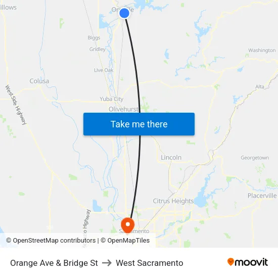 Orange Ave & Bridge St to West Sacramento map