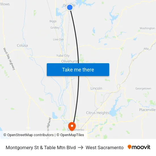 Montgomery St & Table Mtn Blvd to West Sacramento map