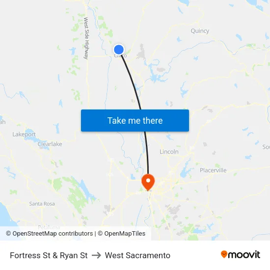 Fortress St & Ryan St to West Sacramento map