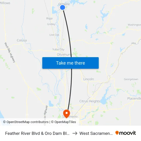 Feather River Blvd & Oro Dam Blvd to West Sacramento map