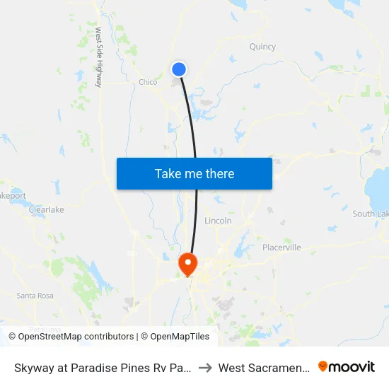Skyway at Paradise Pines Rv Park to West Sacramento map