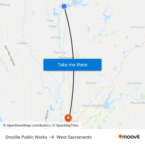 Oroville Public Works to West Sacramento map