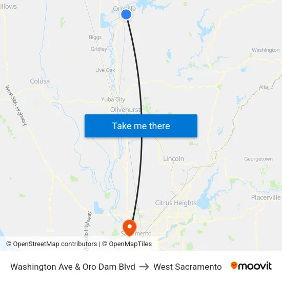 Washington Ave & Oro Dam Blvd to West Sacramento map