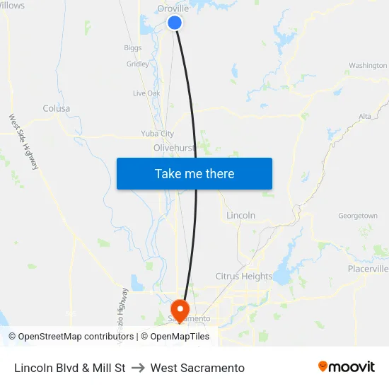 Lincoln Blvd & Mill St to West Sacramento map