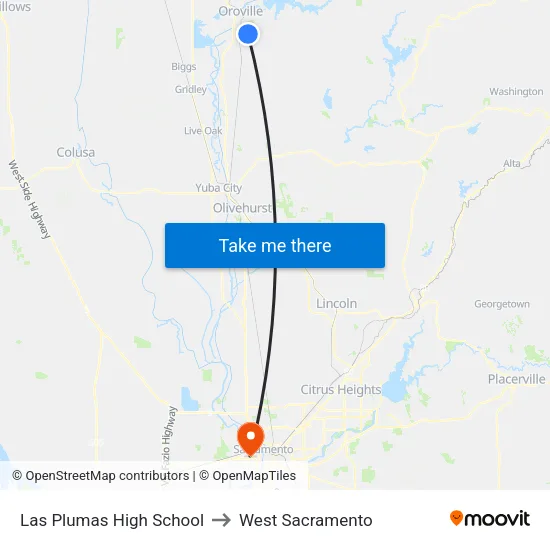 Las Plumas High School to West Sacramento map