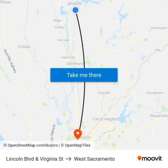 Lincoln Blvd & Virginia St to West Sacramento map