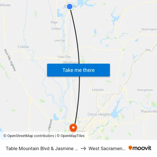 Table Mountain Blvd & Jasmine Ct to West Sacramento map