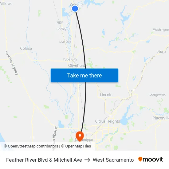 Feather River Blvd & Mitchell Ave to West Sacramento map