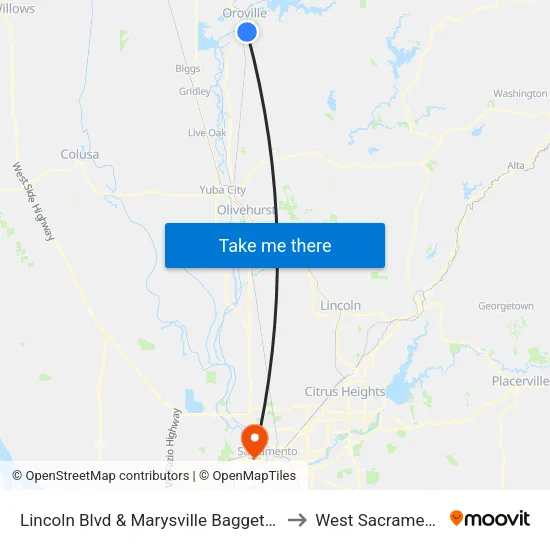 Lincoln Blvd & Marysville Baggett Rd to West Sacramento map