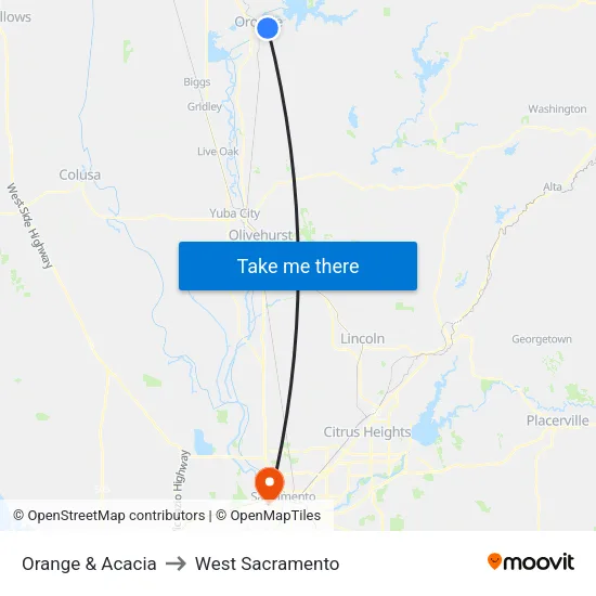 Orange & Acacia to West Sacramento map