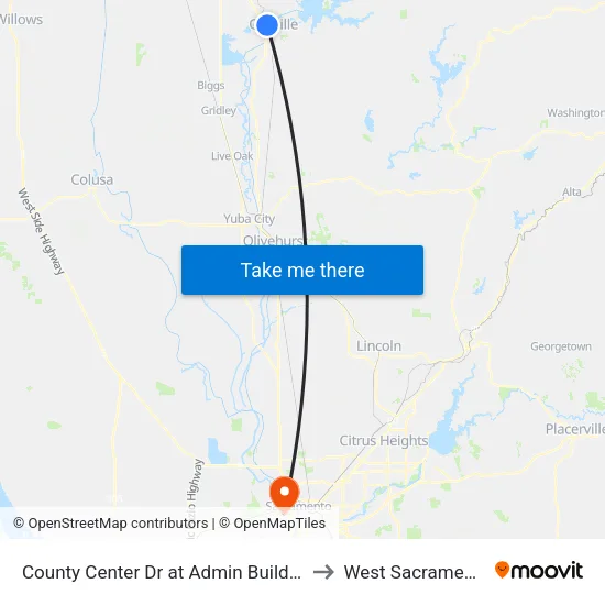 County Center Dr at Admin Building to West Sacramento map
