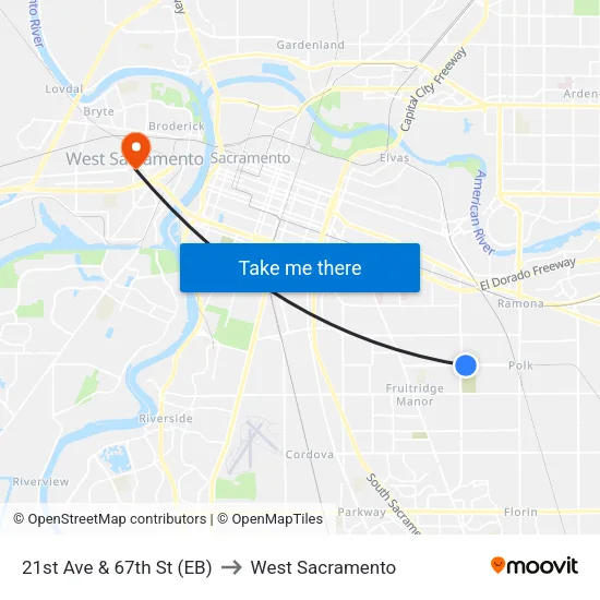 21st Ave & 67th St (EB) to West Sacramento map