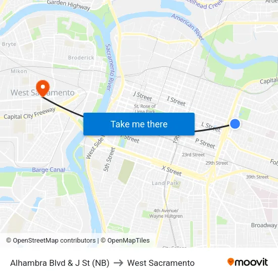 Alhambra Blvd & J St (NB) to West Sacramento map