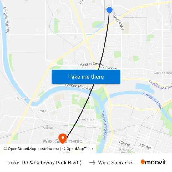 Truxel Rd & Gateway Park Blvd (NB) to West Sacramento map