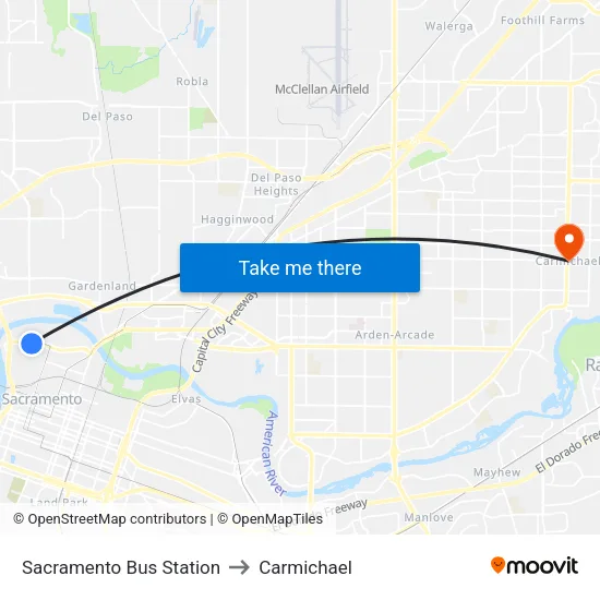 Sacramento Bus Station to Carmichael map
