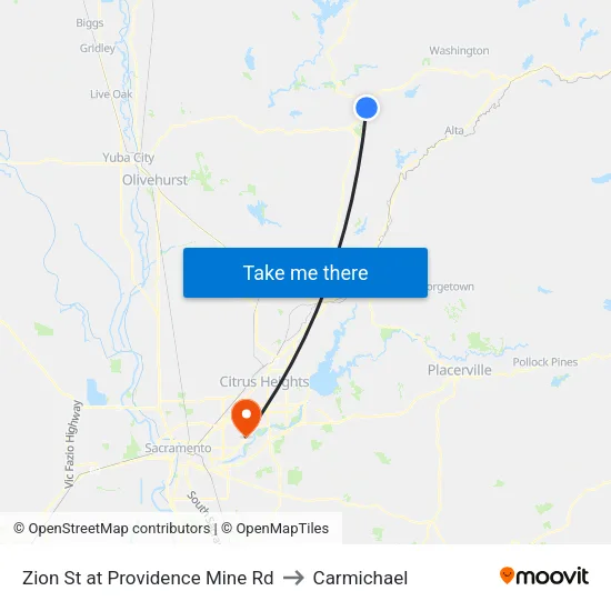 Zion St at Providence Mine Rd to Carmichael map