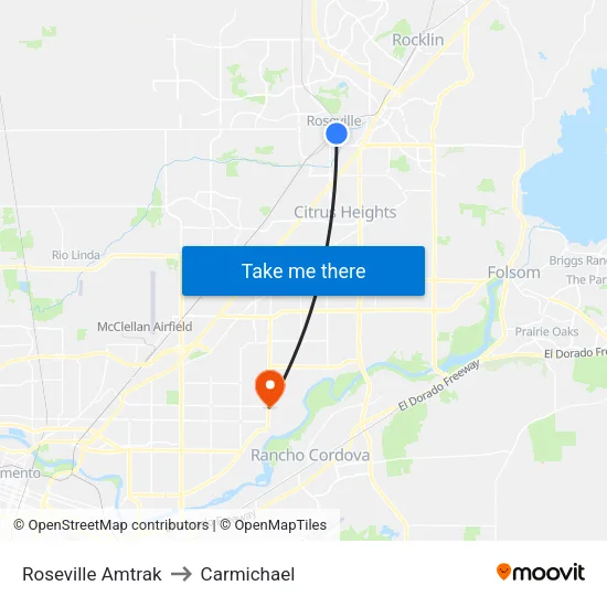 Roseville Amtrak to Carmichael map