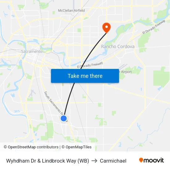 Wyhdham Dr & Lindbrock Way (WB) to Carmichael map