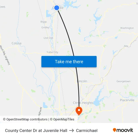 County Center Dr at Juvenile Hall to Carmichael map