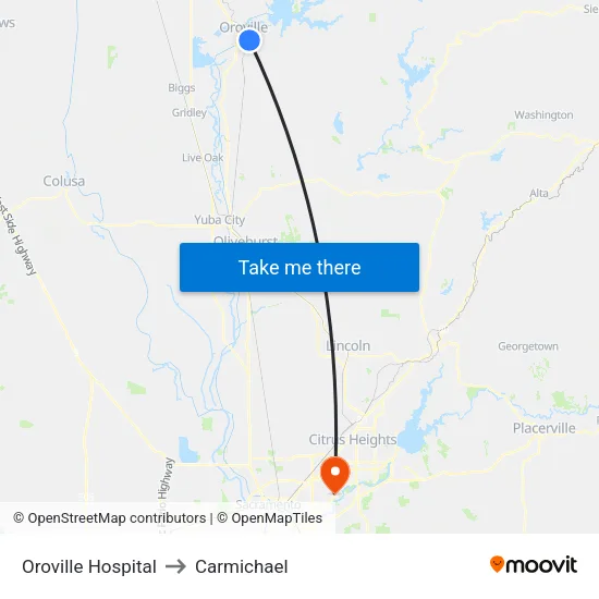 Oroville Hospital to Carmichael map
