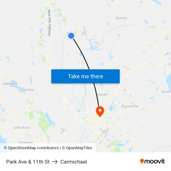 Park Ave & 11th St to Carmichael map