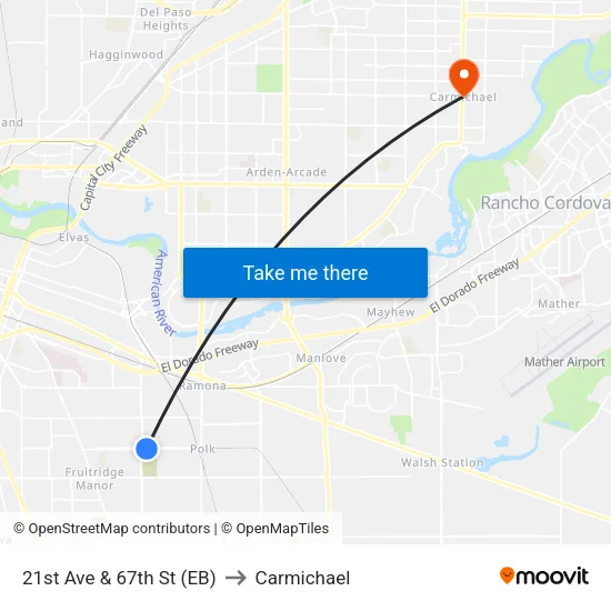 21st Ave & 67th St (EB) to Carmichael map