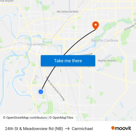 24th St & Meadowview Rd (NB) to Carmichael map