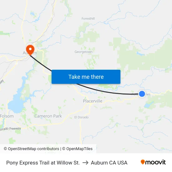 Pony Express Trail at Willow St. to Auburn CA USA map