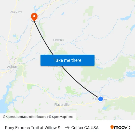 Pony Express Trail at Willow St. to Colfax CA USA map