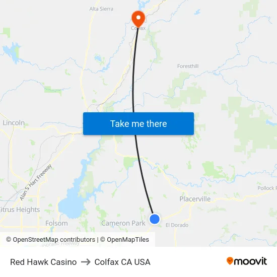 Red Hawk Casino to Colfax CA USA map