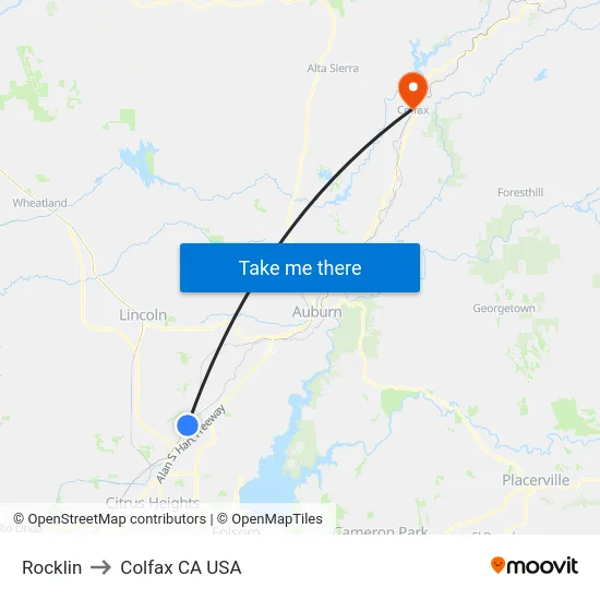 Rocklin to Colfax CA USA map