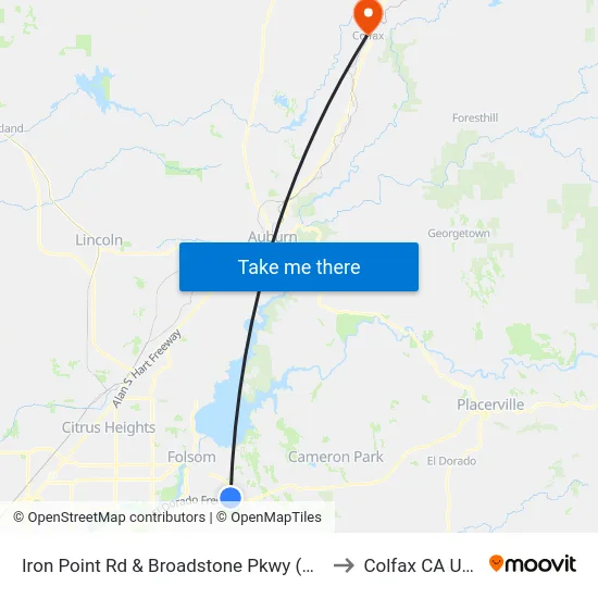 Iron Point Rd & Broadstone Pkwy (WB) to Colfax CA USA map